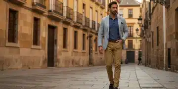 Man in smart casual attire walking through a Spanish city