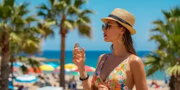 Woman applying perfume on a sunny, humid Spanish beach, symbolizing summer fragrance challenges.