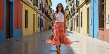 Woman in elegant Spanish spring outfit, walking on a sunny street, showcasing effortless style with a flowing skirt and espadrilles.