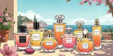 Elegant perfume bottles on a Spanish terrace with spring flowers, embodying spring 2025 fragrance trends in Spain.
