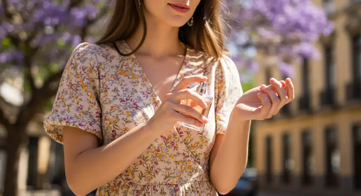 Woman applying light floral perfume in a sunlit Spanish spring setting.