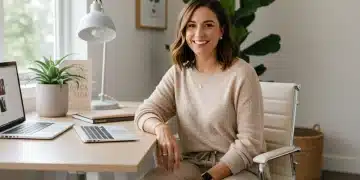 Woman in stylish, comfortable work-from-home outfit at modern desk