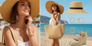 Stylish woman on a Spanish beach wearing oversized straw hat, woven tote, layered gold jewelry, and espadrille wedges for Summer 2025.