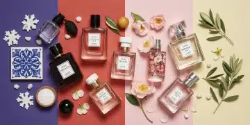 Elegant collection of perfume bottles representing winter and spring scents, artfully arranged on a Spanish-inspired background.