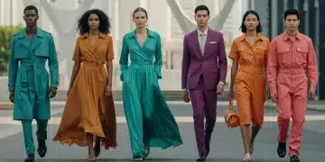 Models showcasing 2026 color palettes: Digital Teal, Earthy Ochre, Cosmic Violet, Radiant Coral in urban setting.