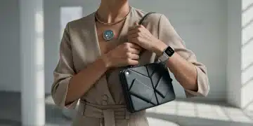 Model wearing smart statement necklace, modular bag, and sustainable tech watch in 2026 fashion