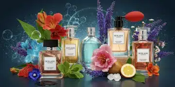 Futuristic fragrance bottles amidst natural botanicals and glowing digital elements, symbolizing the 2026 fragrance forecast and emerging scent trends.