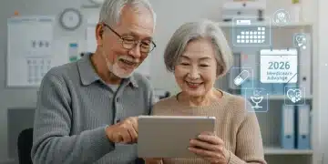 Senior couple reviewing 2026 Medicare Advantage Plan options on a tablet, looking happy and engaged.