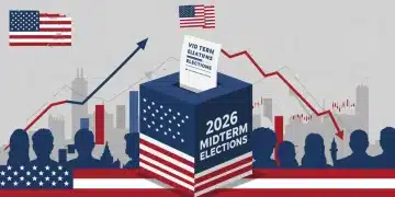 Ballot box for 2026 Midterm Elections amidst economic trend charts and political silhouettes