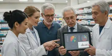 People reviewing 2026 prescription drug benefit plans on a tablet for medication cost savings.