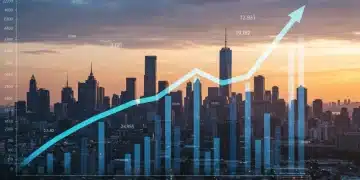 Urban skyline with financial charts, symbolizing future real estate investment growth and high returns in 2026.