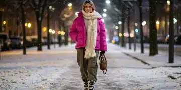 Woman in oversized puffer jacket and tailored trousers for 2026 winter fashion
