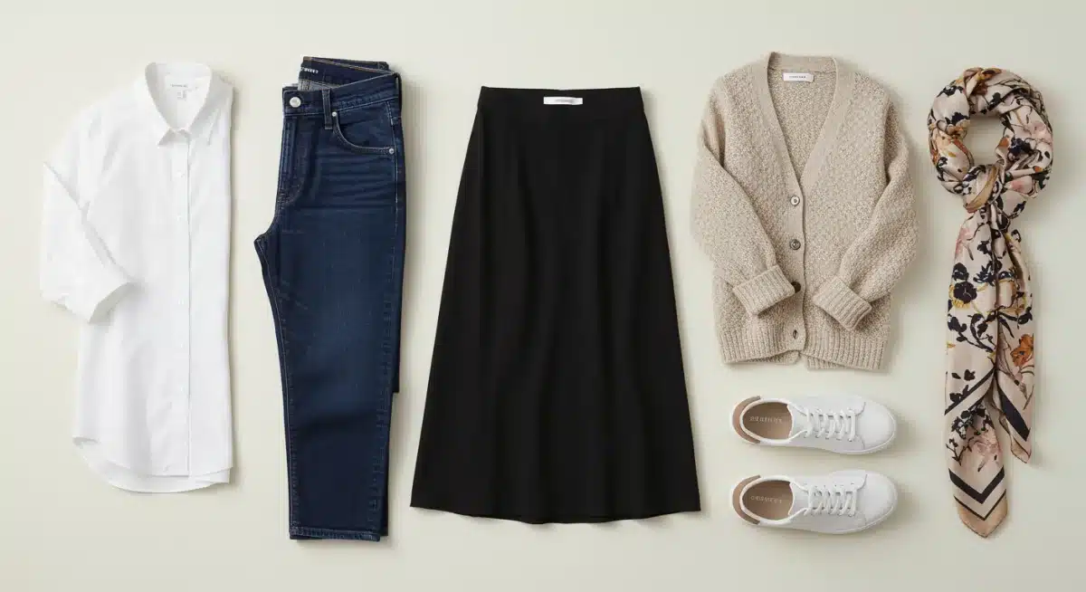 Flat lay of 7 essential wardrobe pieces for Spanish women under 100 euros