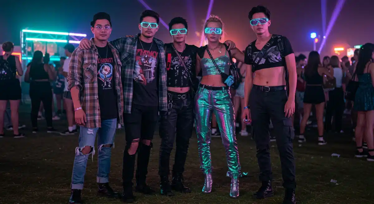 Young adults in 90s grunge and Y2K cyber-chic styles at a 2026 festival
