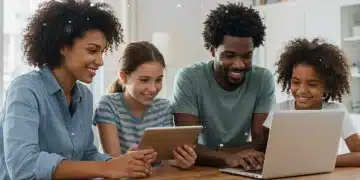 Family smiling, using internet with affordable connectivity program support