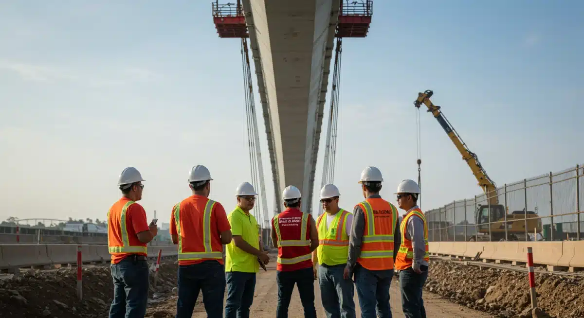 Construction workers collaborating on a large bridge project.