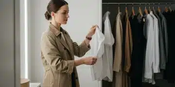 Woman organizing a modern 2026 capsule wardrobe with versatile pieces