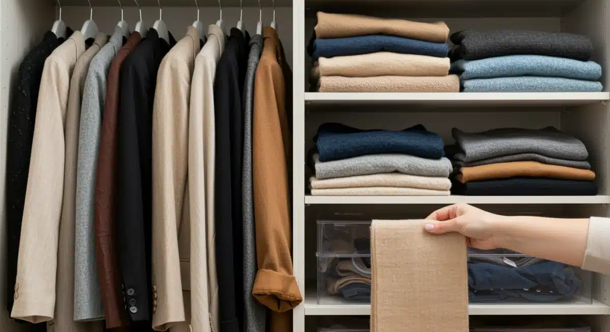 Organized capsule wardrobe with versatile clothing for seasonal transitions, emphasizing adaptability.