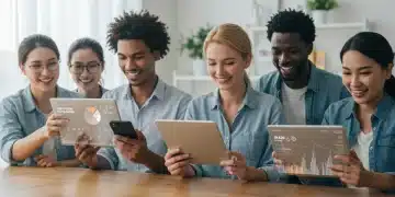 People checking credit scores on devices, illustrating financial management and growth.