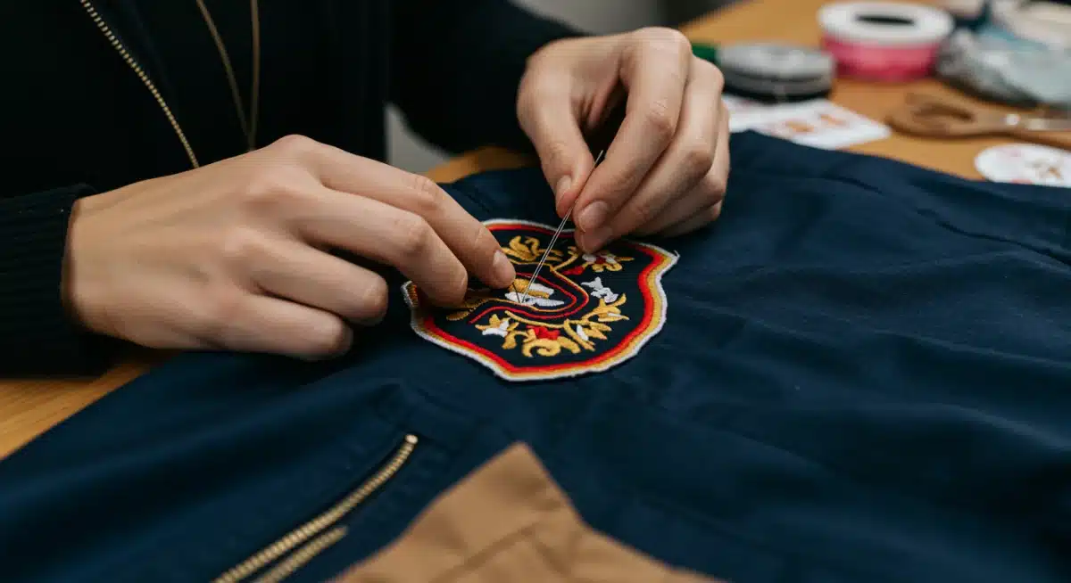 Hands embroidering a personalized emblem onto a jacket, symbolizing custom fashion.