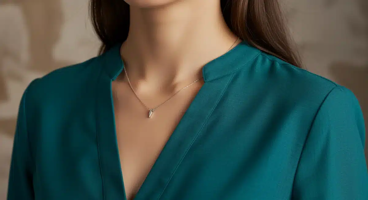 Woman wearing a stylish Digital Teal blouse, close-up, showcasing fabric texture and elegant accessory.