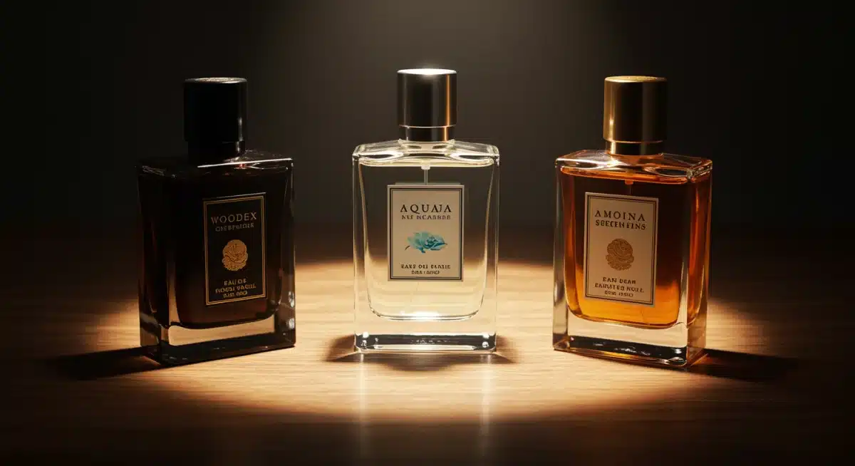Three distinct men's fragrance bottles on a wooden surface, showcasing diverse scent profiles
