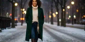 Woman in emerald green wool coat and cream turtleneck, walking confidently in a winter city scene, showcasing elevated winter fashion.
