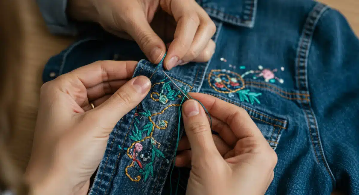Hands embroidering a denim jacket for upcycling