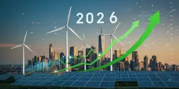 Futuristic city with green energy and rising financial charts representing 2026 ESG investing returns.