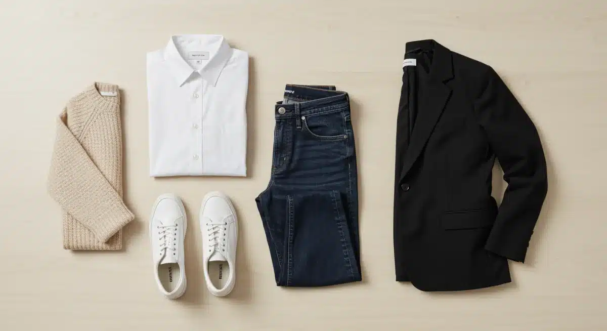 Flat lay of five essential capsule wardrobe pieces for 2026