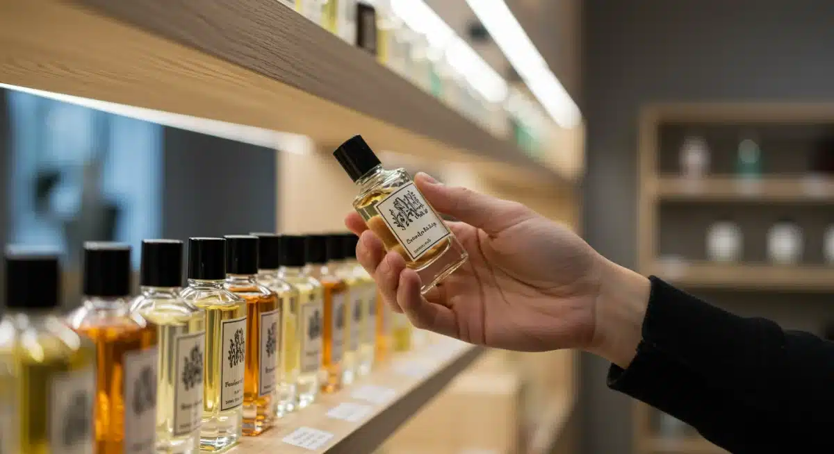Person examining artisanal niche fragrance bottle in a boutique