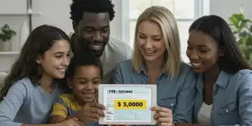 Family happily reviewing tax refund on a tablet, symbolizing financial relief from EITC.