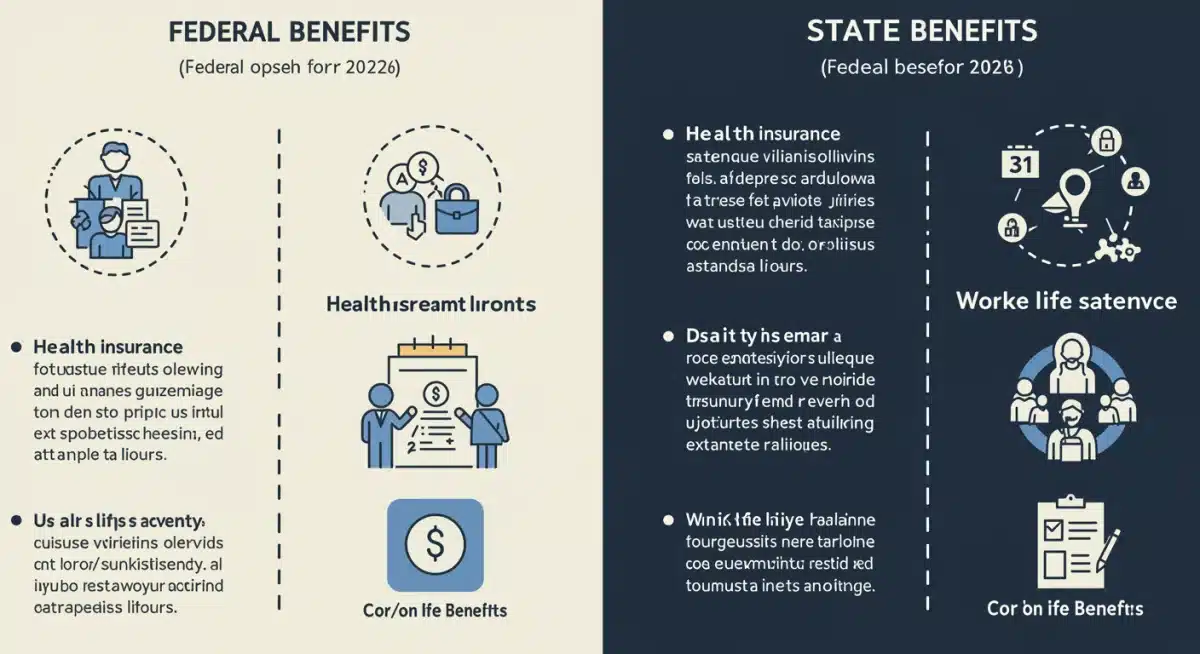 Infographic comparing federal and state employee benefits in 2026