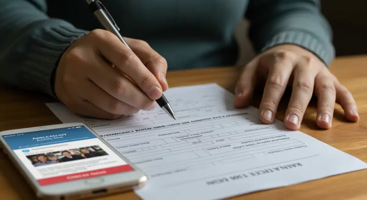 Person meticulously filling out an emergency rental assistance application form, with digital resources nearby.