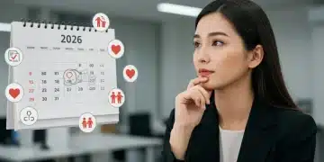 Woman planning FMLA leave in 2026 with calendar and family icons