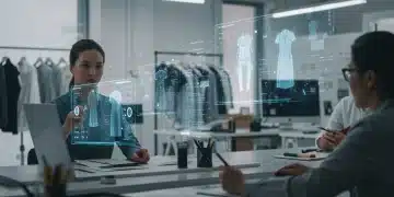 Futuristic fashion design studio with AI interfaces for trend analysis and garment creation in 2026.