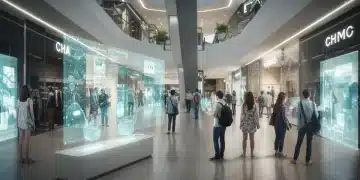 Futuristic retail environment with shoppers using AR and digital displays, symbolizing 2026 retail innovation.
