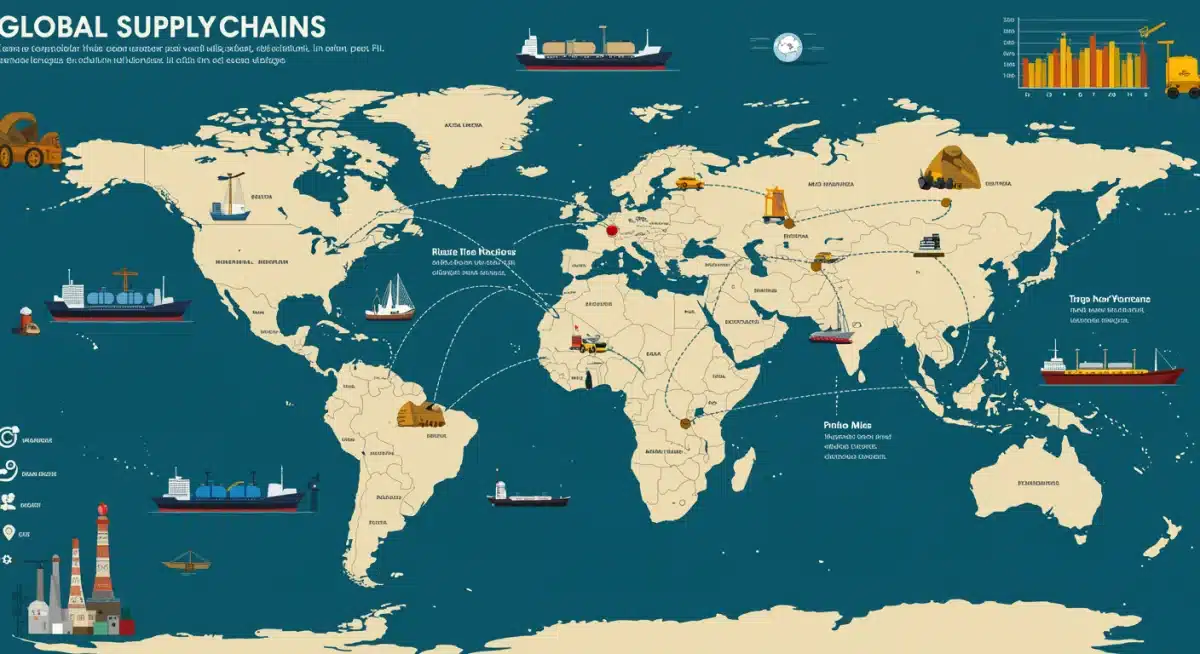 Infographic depicting global supply chains for oil, gold, and agricultural commodities, highlighting market interconnectedness.