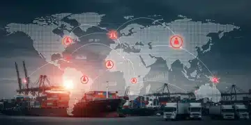 Global supply chain network with red disruption indicators