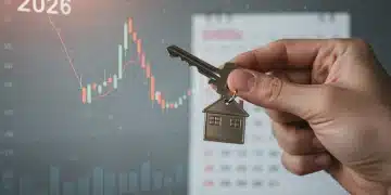Hand holding house key with financial chart and 2026 calendar
