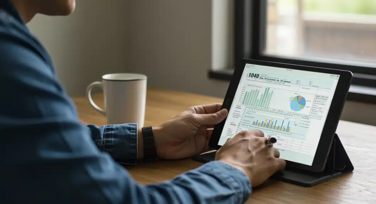 Individual analyzing financial data and tax forms on a tablet for 2026 tax planning
