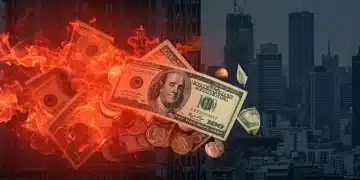 Inflation eroding savings, dollars and coins visually diminishing against a cityscape