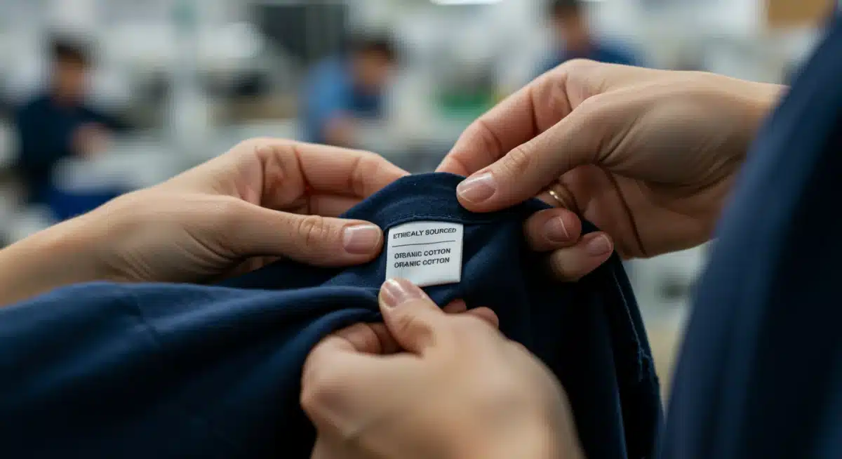 Hands inspecting an 'ethically sourced' fabric label in a clean workshop