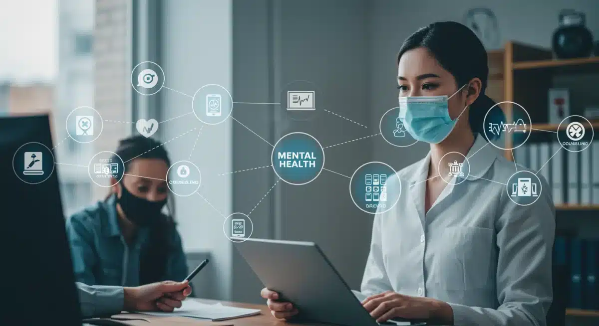 Digital illustration of integrated mental health services network, emphasizing telehealth and improved access.