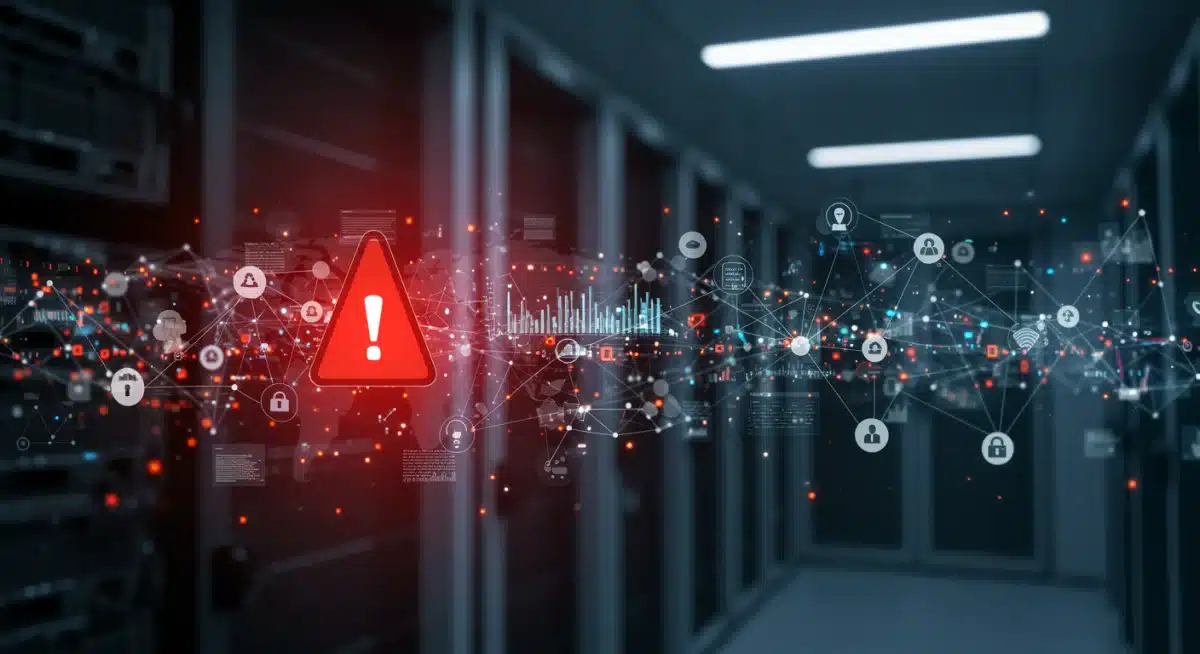 Complex digital network under cyberattack, illustrating data breach risks