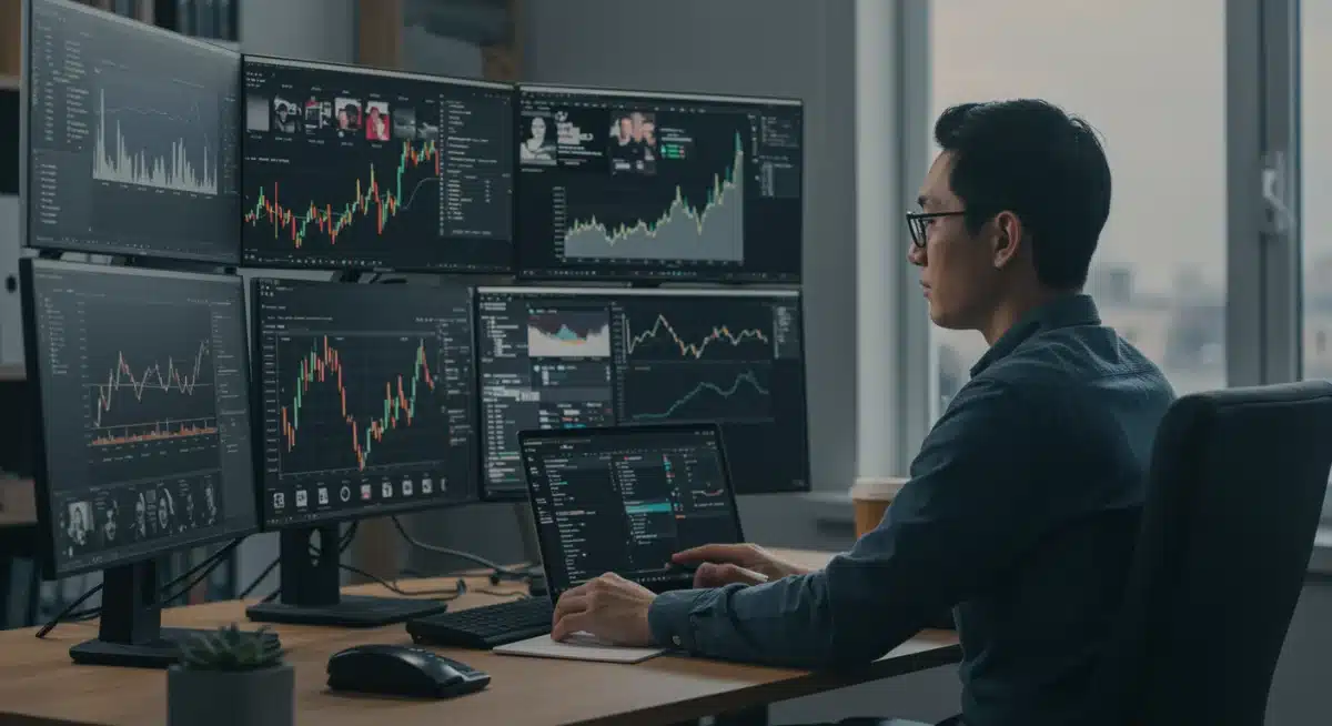 Investor analyzing financial data on multiple screens