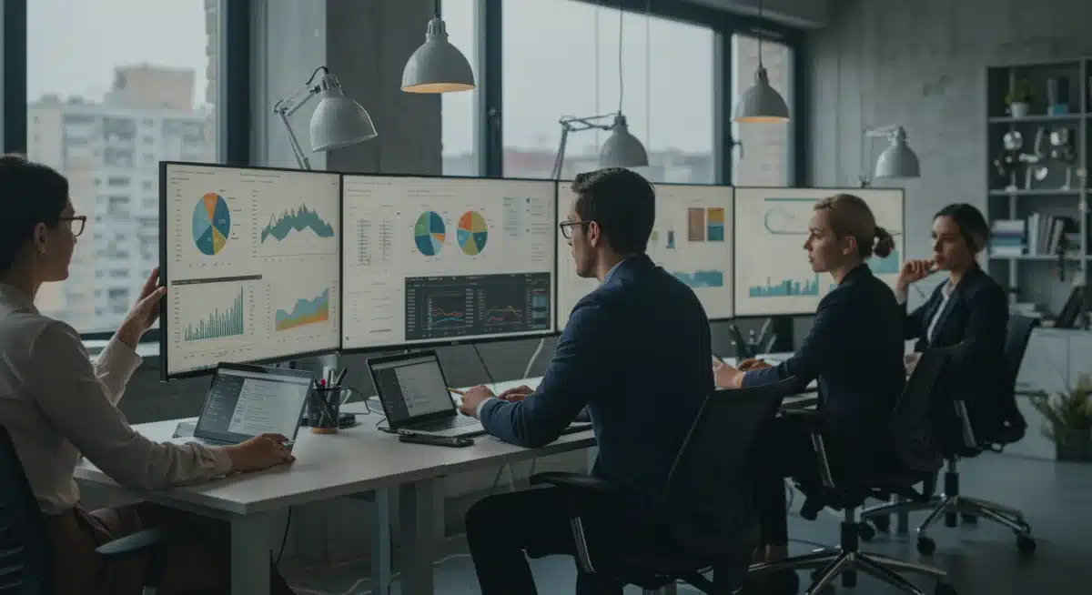 Investors analyzing ESG data and financial performance for sustainable portfolios.