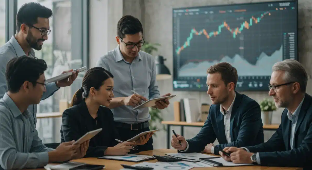 Investors analyzing financial data and charts in a modern office