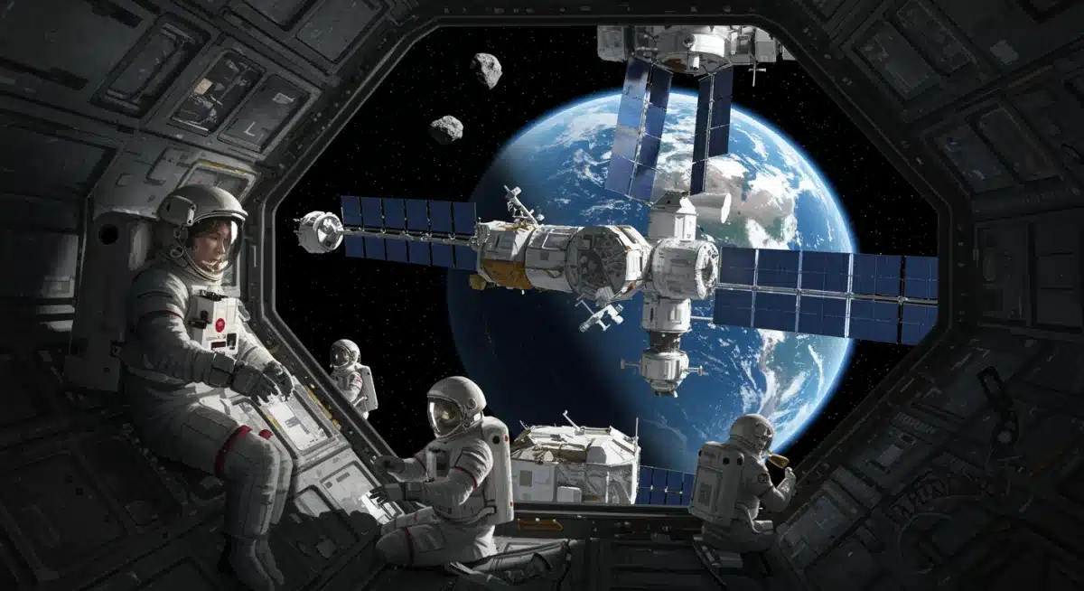 Astronauts constructing a lunar gateway station in Earth orbit