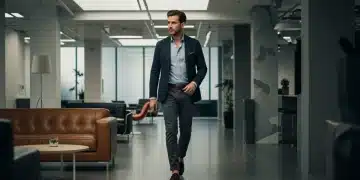 Man in navy blazer and chinos, embodying modern business casual style for 2026